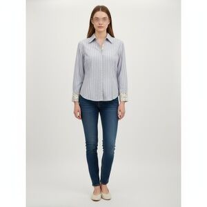 LOFT‎ Womens Shirt Size 8 Light Blue Striped Floral Cuffs Preppy Classic